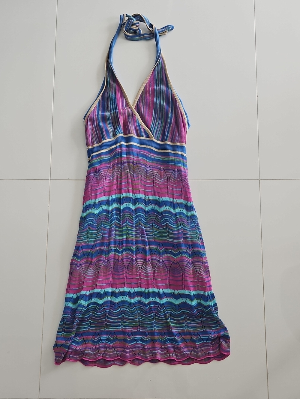 Guess Multicolor Striped Halter Mini Dress in Purple & Blue
